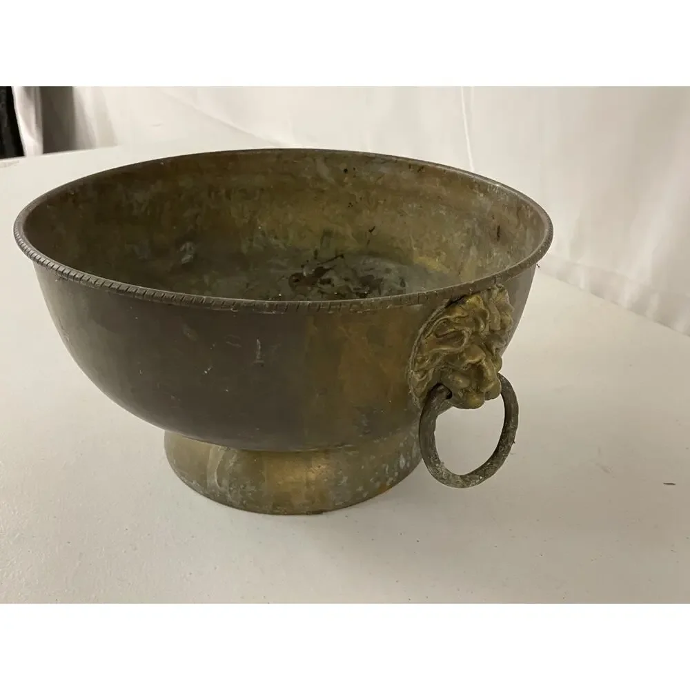 Old Antique/Vintage Middle Eastern Copper Etched Footed Bowl Lion Head Ring